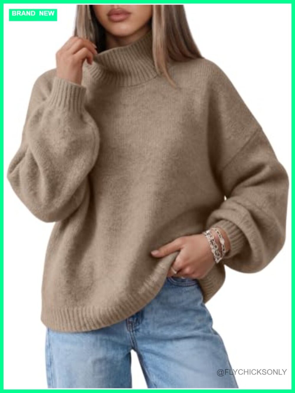 Oversized Mock Neck Knit Pullover Sweater Lantern Sleeve Fall